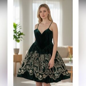 Jessica McClintock for Gunne Sax vintage green velvet mini dress gold glitter